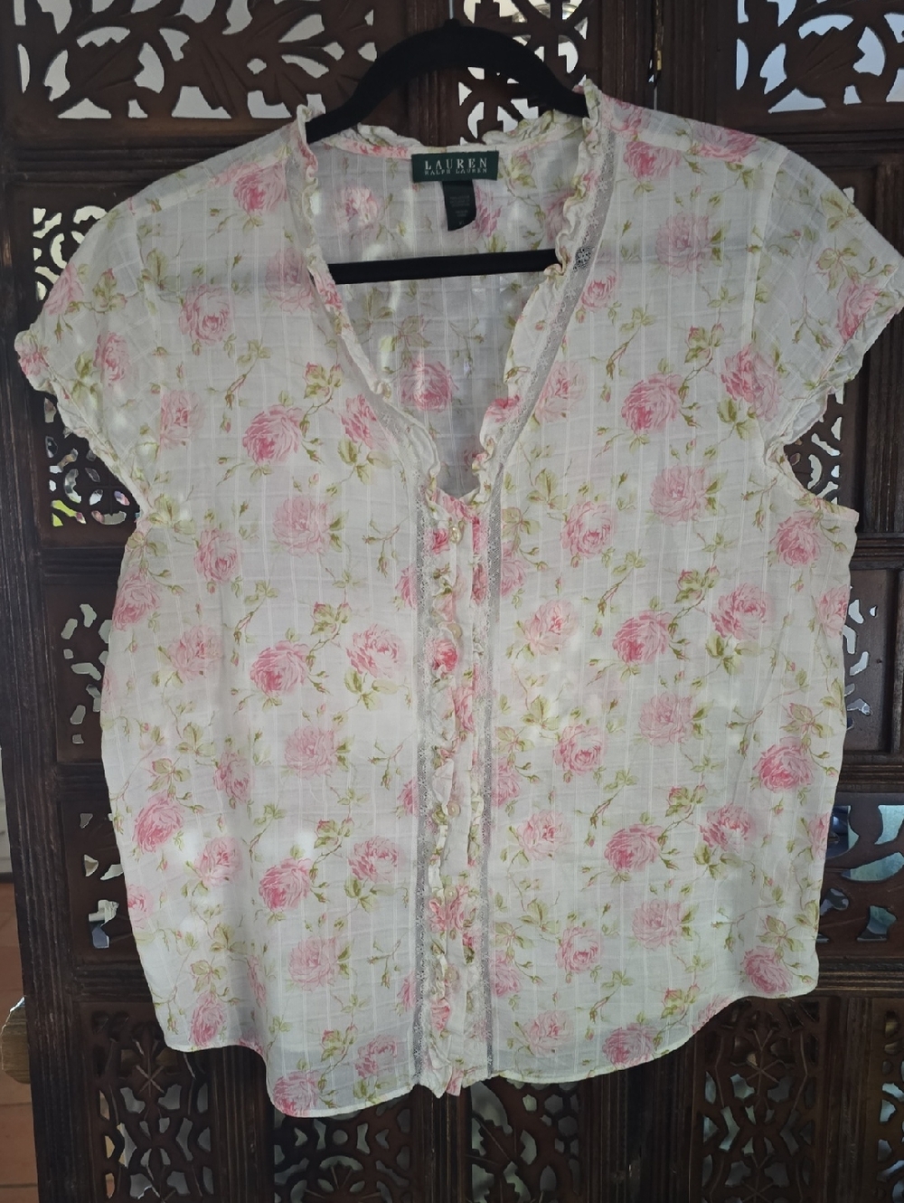 Lauren Ralph Lauren White and Pink Floral Ruffle-Trim Blouse
